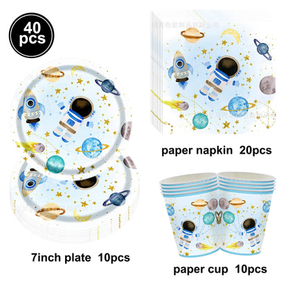 Blue Galaxy Space Disposable Plates Napkins Cups Outer Space Theme Party Tableware for Boys Astronaut Theme Birthday Decorations Good Vibrations