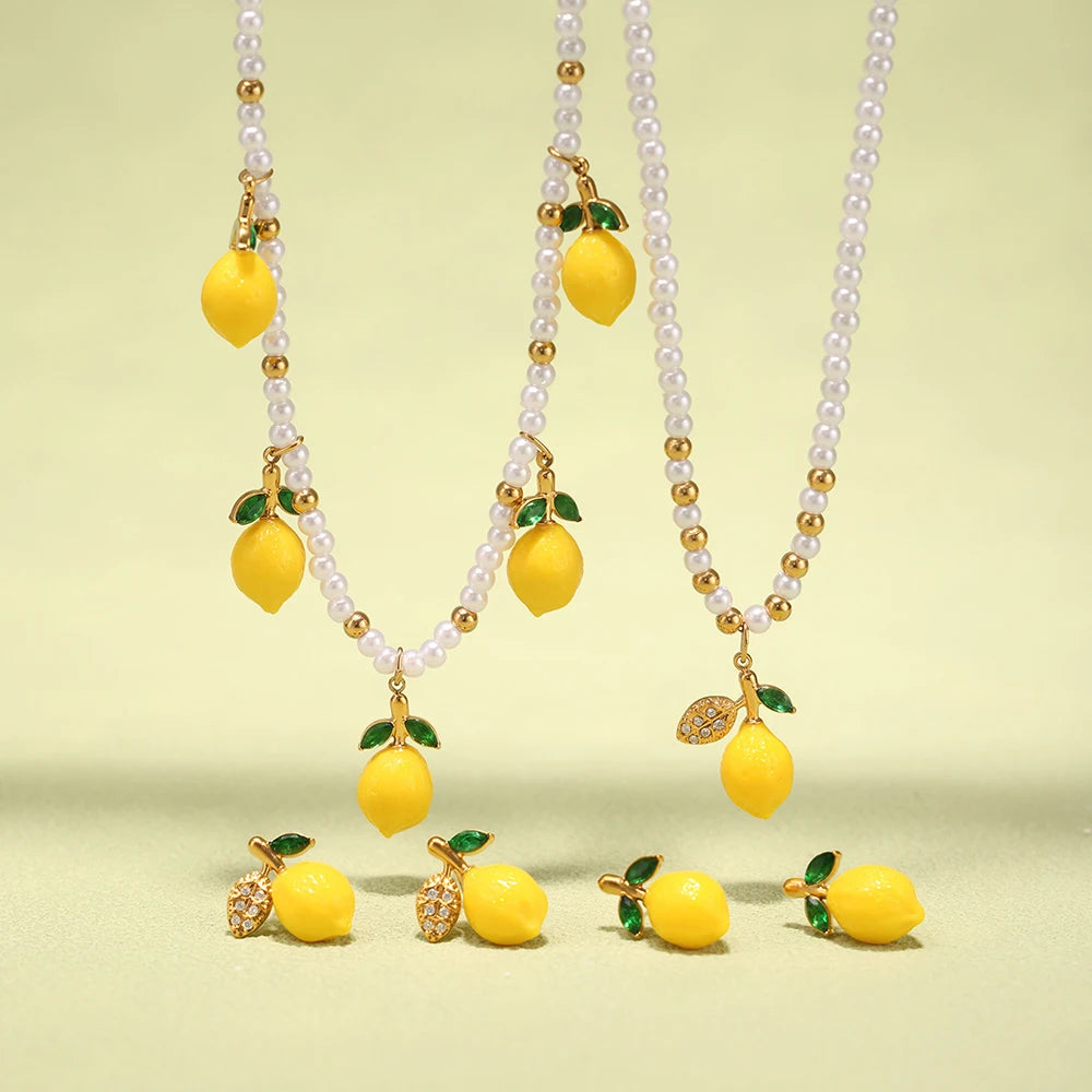 Nivora Resin Fruit Lemon Pendant Necklace For Women Imitation Pearl Stainless Steel Zircon Handmade Strand Beads Choker Jewelry Good Vibrations