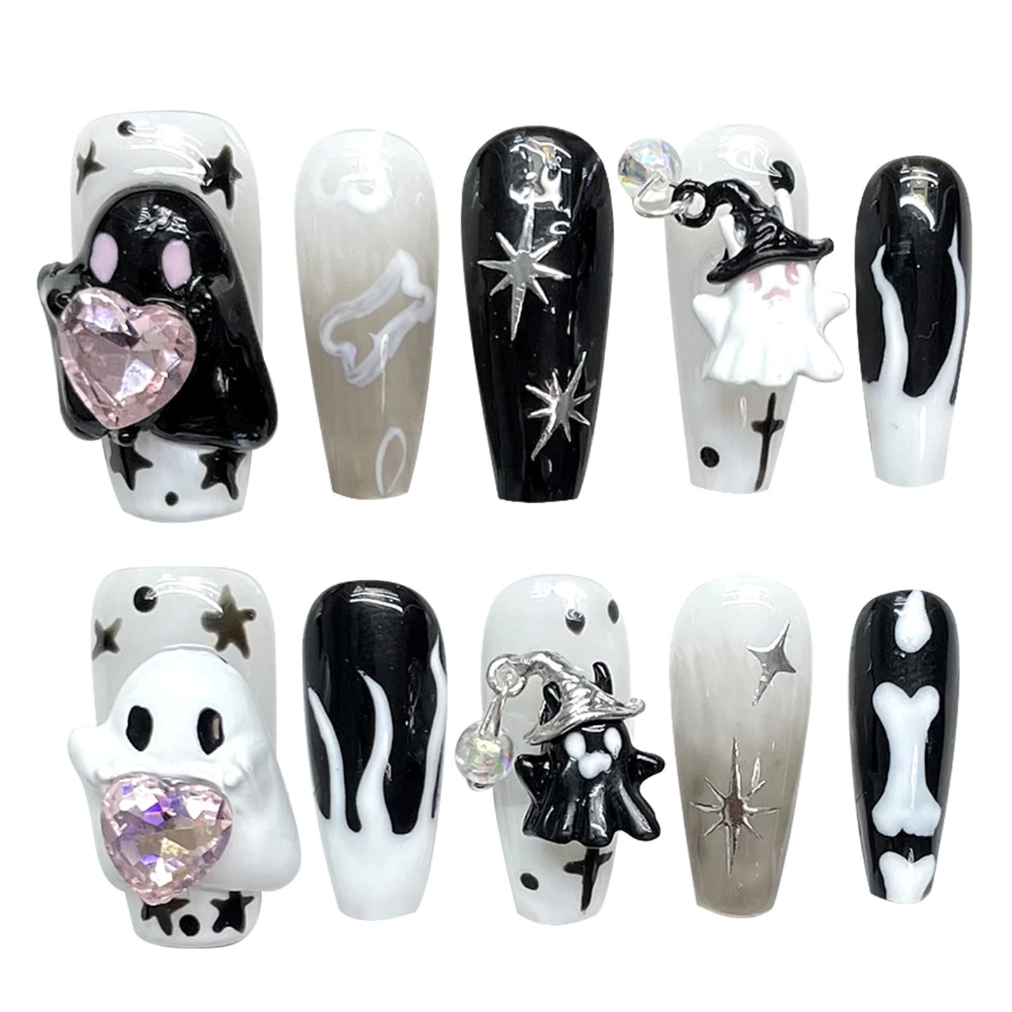 Handmade Press on Nails Cute White Ghost 3D Crystal Decor False Nails Full Cover Wearable Sweet Cool Girls Halloween Fake Nails Good Vibrations