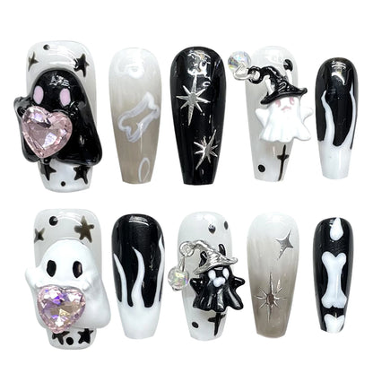 Handmade Press on Nails Cute White Ghost 3D Crystal Decor False Nails Full Cover Wearable Sweet Cool Girls Halloween Fake Nails Good Vibrations