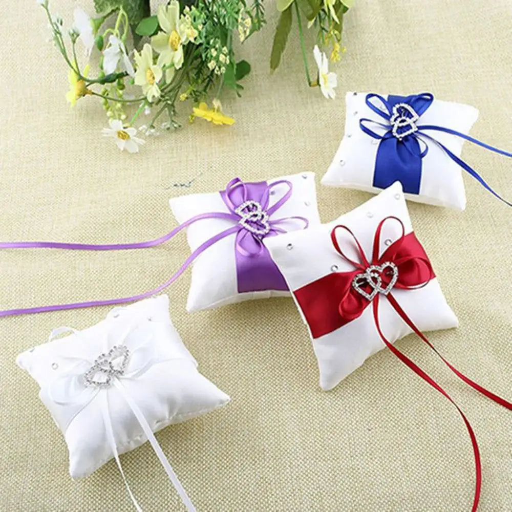 10x10 cm Romantic Bridal Wedding Ring Pillow Double Heart Ribbon Cushion Decor European Romantic Rhinestone Decor For Wedding Good Vibrations