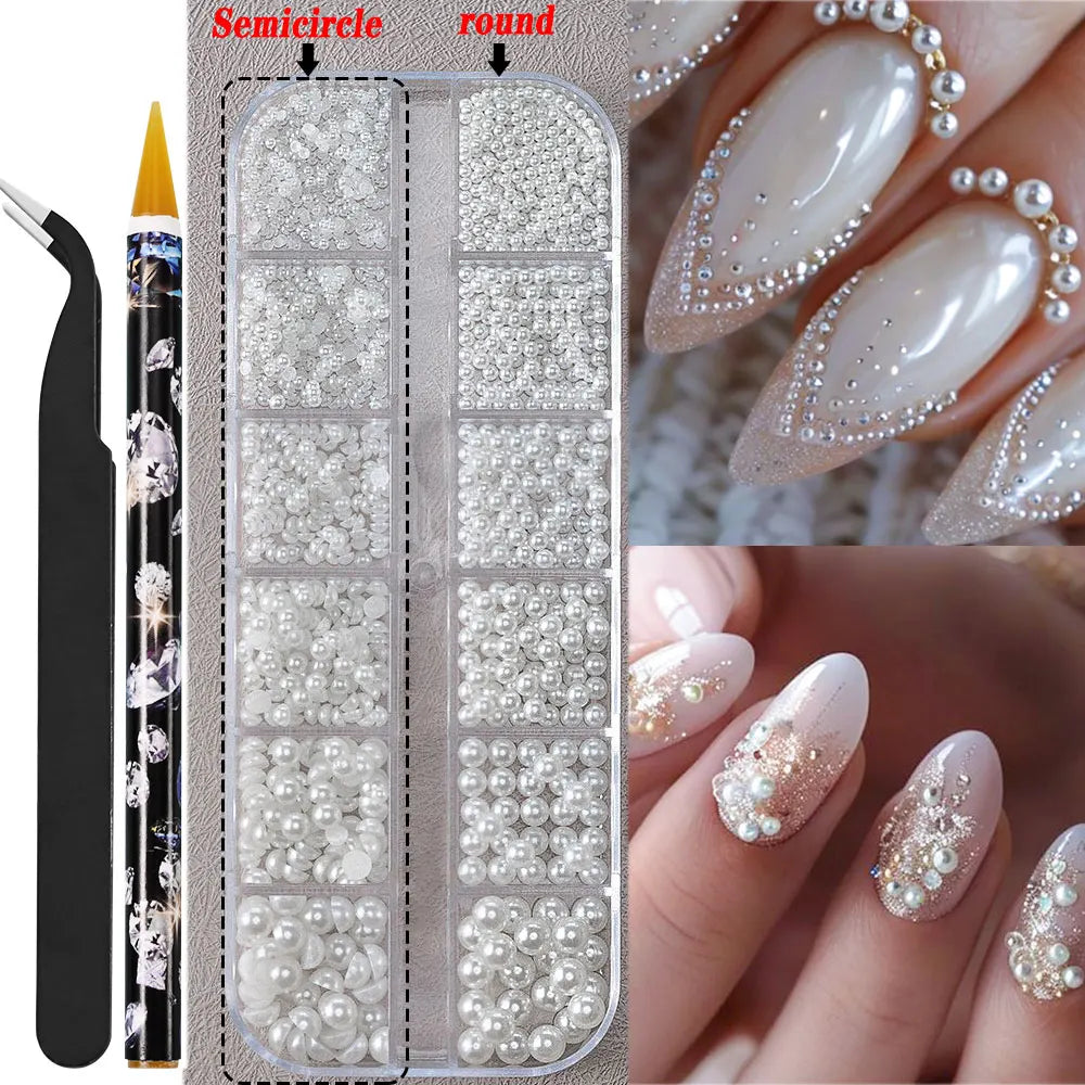 12grids Half Round Pearls Beads 3D Nail Charms 1.5/2/2.5/3/4/5mm White Flatback Pearls Nail Jewelry Nail Craft Pearl Rhinestones Good Vibrations