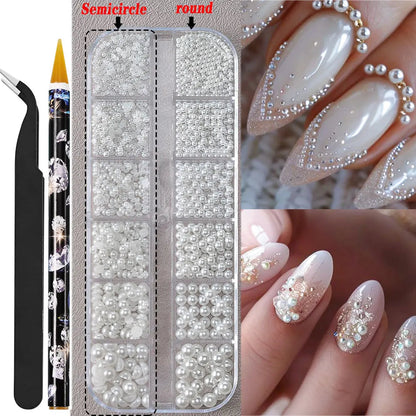 12grids Half Round Pearls Beads 3D Nail Charms 1.5/2/2.5/3/4/5mm White Flatback Pearls Nail Jewelry Nail Craft Pearl Rhinestones Good Vibrations