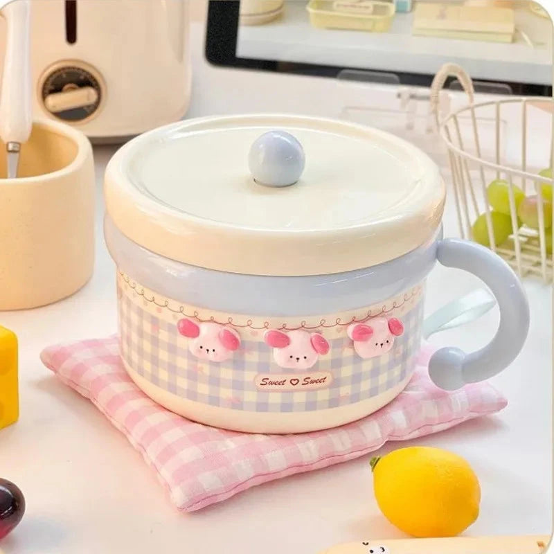 Cute Stainless Steel Ramen Bowl With Lid Kawaii Large Instant Noodles Fruit Salad Rice Soup Bowl Kitchen Tableware Women Gift Good Vibrations