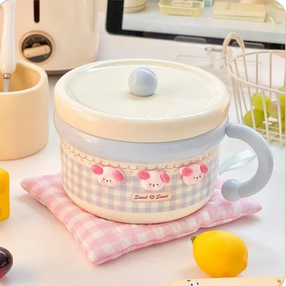 Cute Stainless Steel Ramen Bowl With Lid Kawaii Large Instant Noodles Fruit Salad Rice Soup Bowl Kitchen Tableware Women Gift Good Vibrations