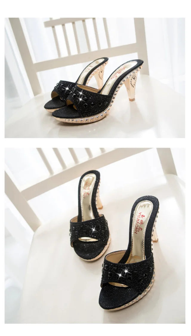 Summer Women Sandals Rhinestone Women Shoes Sexy High Heels Shoe Ladies Sandalias Gold Silver Women Slippers Heeled Sandals Sexy Good Vibrations