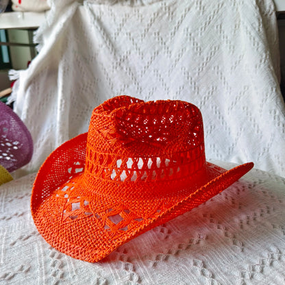 hats straw cowgirl western hat  mexican hat  retro curling hat western cowboy hat outdoor riding hat travel sports hat Good Vibrations