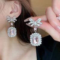 Inlaid Rhinestone Necklace Earrings Two Pcs Set Zircon Square Bow Jewelry Sets Light Luxury Fashion High Sense Accessories Gifts Good Vibrations Adult Super Store