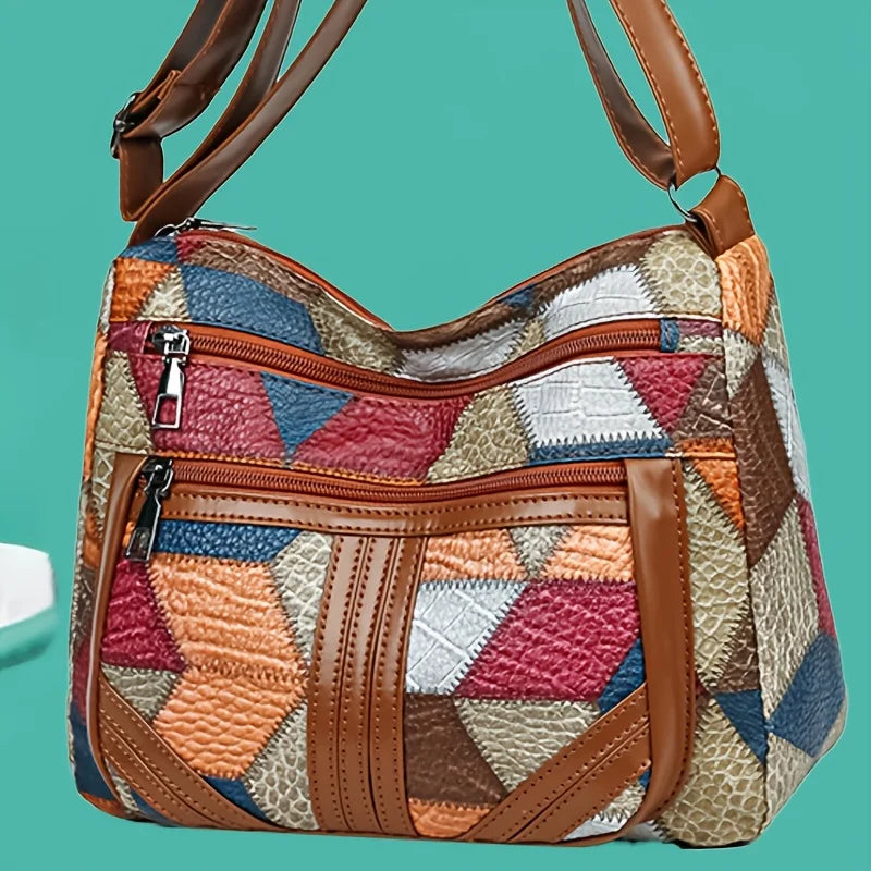 Chic Crossbody Bags for Women Stylish Stitching, Geometric Pattern, Multi Compartment Design with Zipper Closure, Travel Purse Good Vibrations