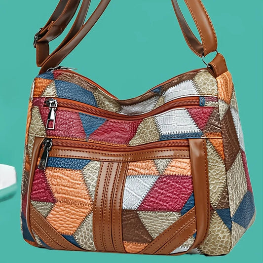 Chic Crossbody Bags for Women Stylish Stitching, Geometric Pattern, Multi Compartment Design with Zipper Closure, Travel Purse Good Vibrations