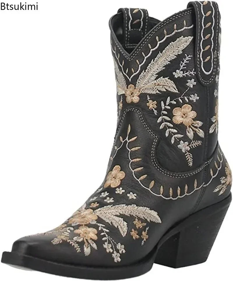 New 2025 Embroidered Western Boots For Women Ankle Bootie Cowboy Cowgirls Flower Print Fashion Chunke Heel Slip On Ankle Boots Good Vibrations