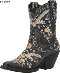 New 2025 Embroidered Western Boots For Women Ankle Bootie Cowboy Cowgirls Flower Print Fashion Chunke Heel Slip On Ankle Boots Good Vibrations