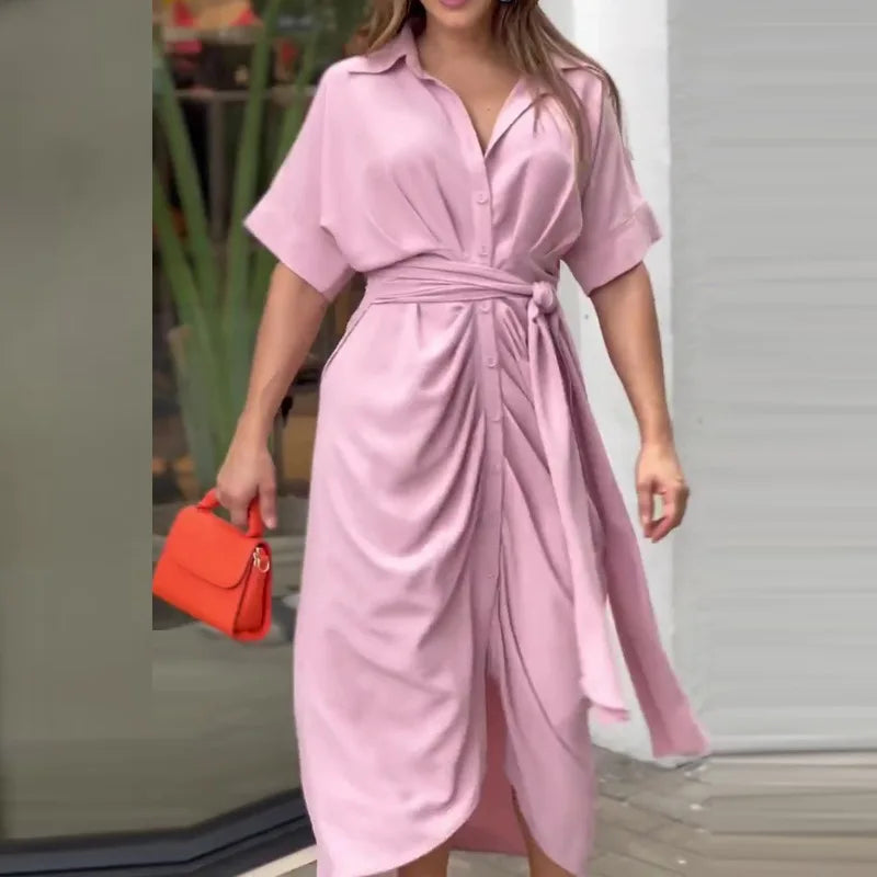 Elegant Dresses For Lady Vestidos 2026 Woman Dress Vestido Commuting Temperament Printed Irregular Leace-up Lapel Slim Contrast Good Vibrations