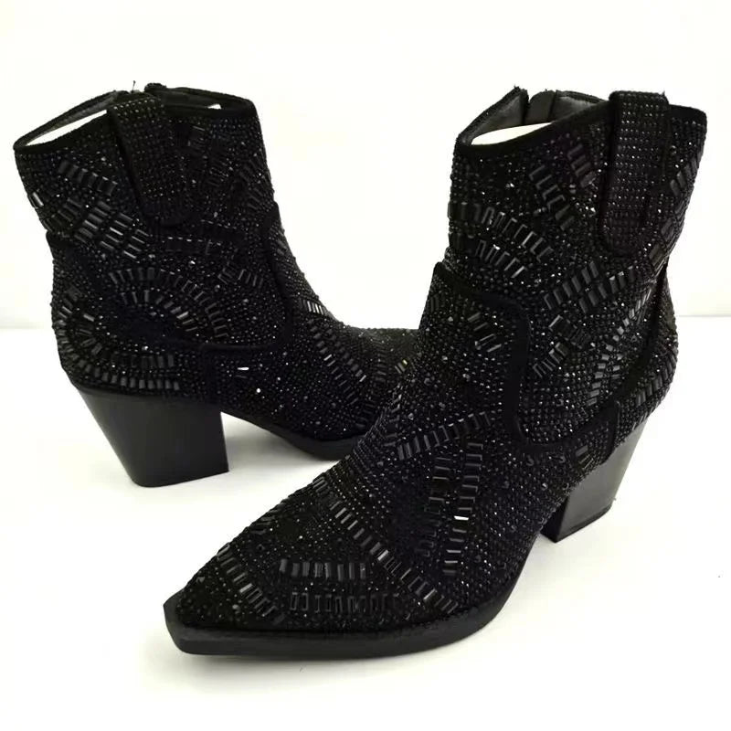 Ankle Boots for Women Luxury Full Diamond Chelsea Boots Western Cowboy Y2k Fashion Wedges Pointed Toe Zipper Women Heels shoes Good Vibrations