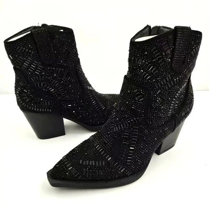 Ankle Boots for Women Luxury Full Diamond Chelsea Boots Western Cowboy Y2k Fashion Wedges Pointed Toe Zipper Women Heels shoes Good Vibrations