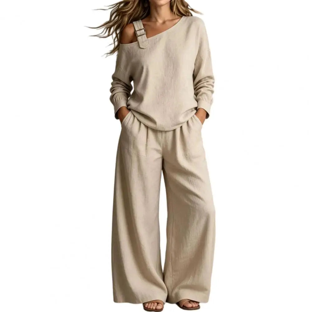 Women Two Piece Matching Set for Fall Off-Shoulder Long Sleeve Top & High Waisted Wide Leg Pants Loose Shirt Trouser Lounge Set Good Vibrations