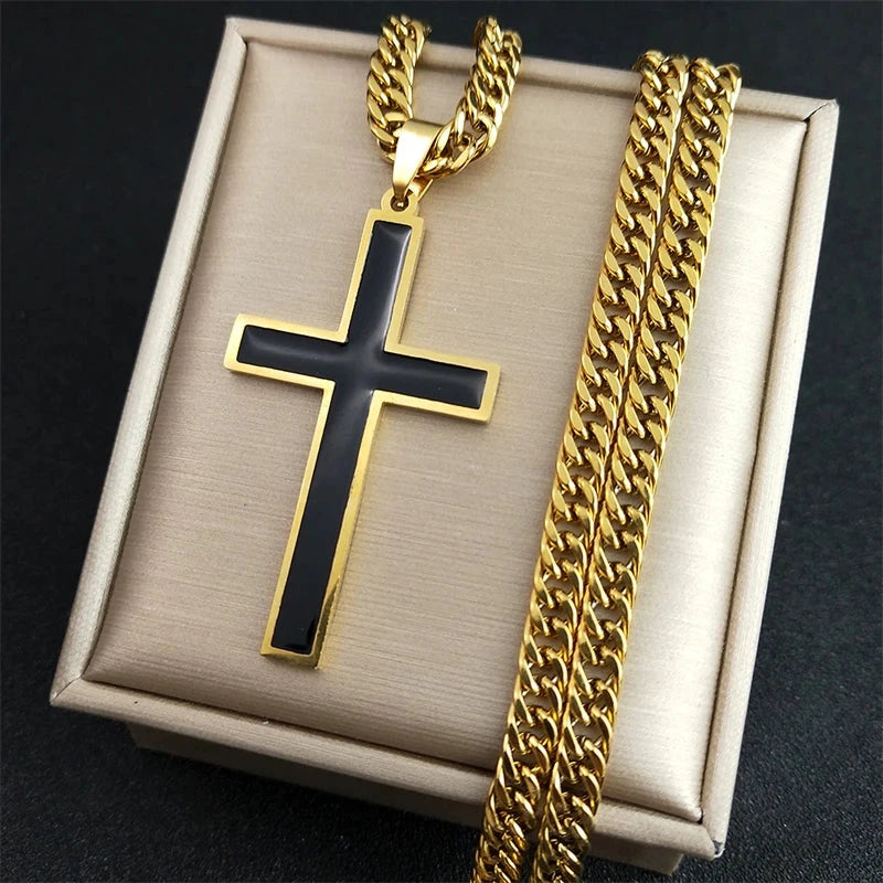Punk Hip Hop Black Cross Pendant Necklace for Women Men Stainless Steel Gold Color Male Jesus Christ Chain Jewelry colar N8236S0 Good Vibrations