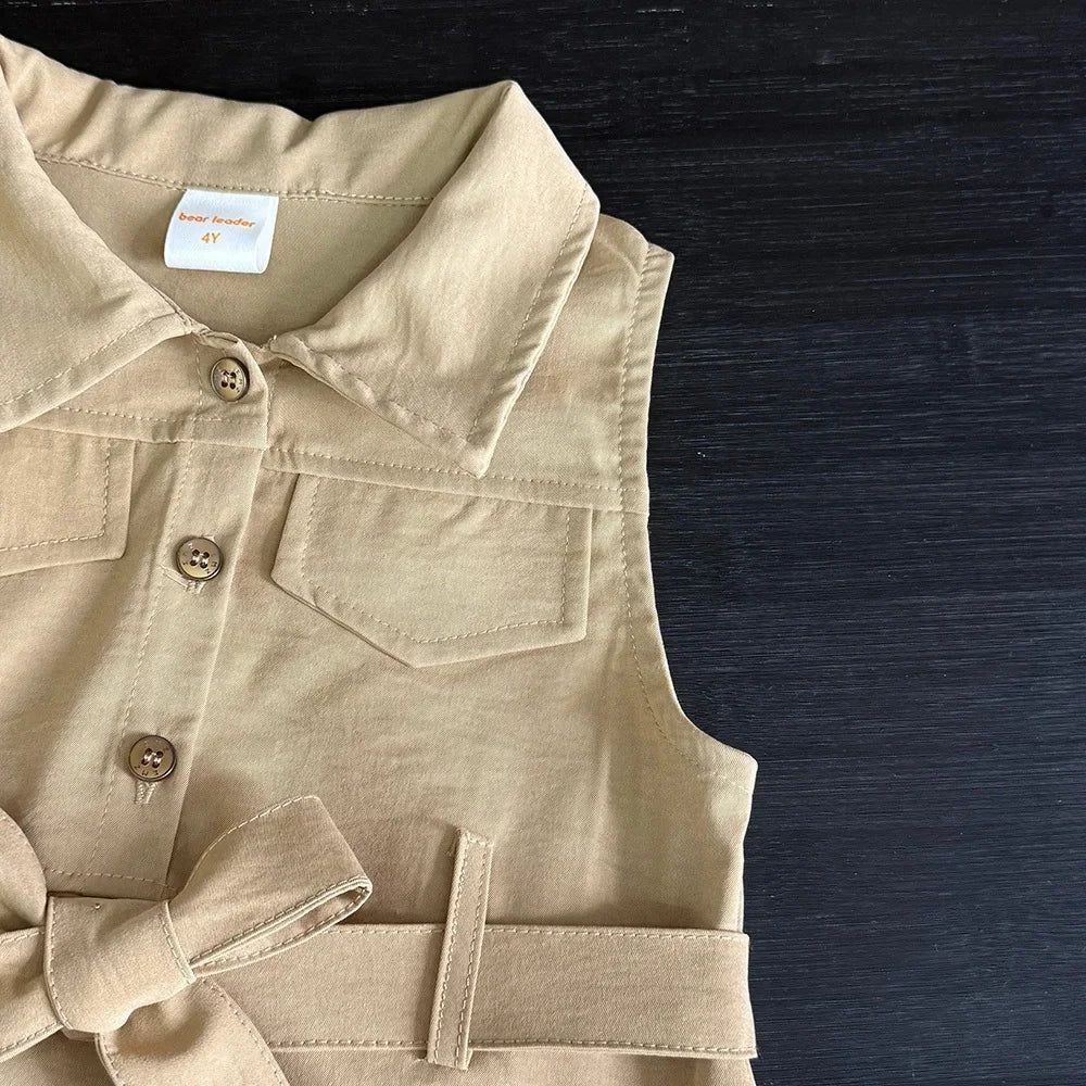 Korean Version Khaki Girls Casual Dresses Sleeveless Flip Collar Workwear Kids Dress Summer New Solid Color Children's Clothing Good Vibrations