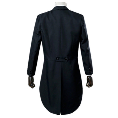 Mens Tuxedo Tailcoat Formal Dress Suits Swallow Tail Coat Navy Blue Male Jacket and Pants Party Wedding Dance Magic Performance Good Vibrations