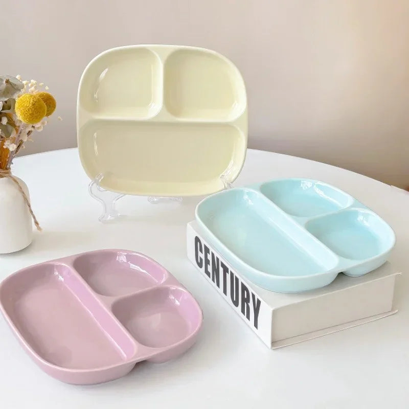 3Grid Ceramic Dinner Plates Solid Color Serving Dishes Salad Dinnerware Dining Compartment Plate Kitchen Eco-friendly Tableware Good Vibrations