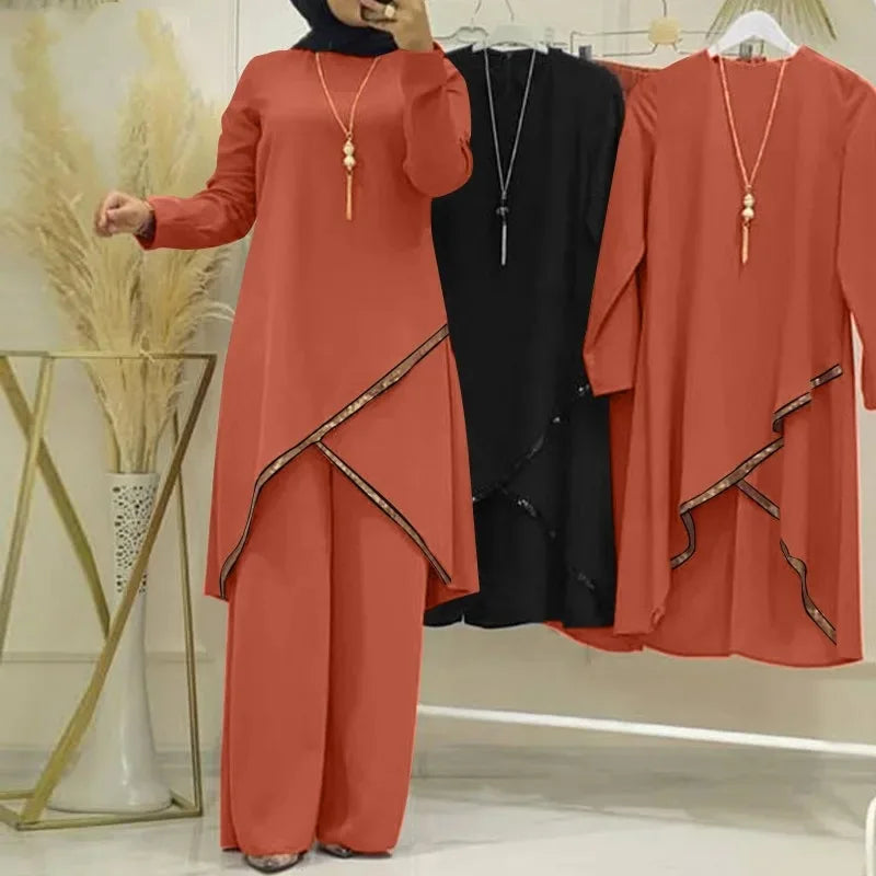 Women Eid Musulman Ensemble Muslim Sets Solid Blouses Wide Leg Pants Ramadan Morocco Two Pieces Dubai Kaftan Loose Modest Good Vibrations