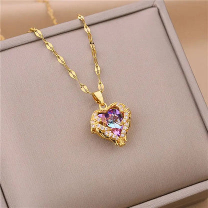 Top Luxury Colorful Crystal Ocean Heart Pendant Necklace For Women Trendy 316L Stainless Steel Jewelry Female Wedding Neck Chain Good Vibrations
