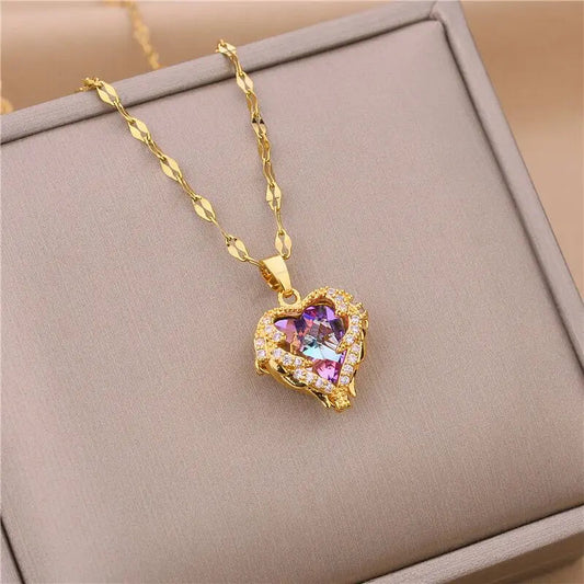 Top Luxury Colorful Crystal Ocean Heart Pendant Necklace For Women Trendy 316L Stainless Steel Jewelry Female Wedding Neck Chain Good Vibrations