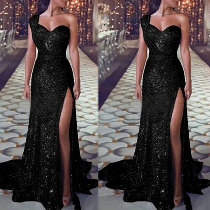 2025 Women's Wedding Party Dress Evening Elegant Sexy Deep V Neck One Shoulder Sleeveless Sequined Long Maxi Dresses For Women Good Vibrations