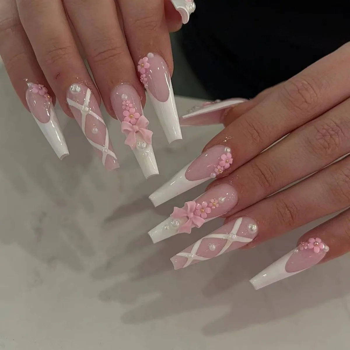 24Pcs Brown Long Coffin False Nails Glitter Ballet Wearable with French Design Fake nails Full Press on Nail Ins Nail Tips Art Good Vibrations