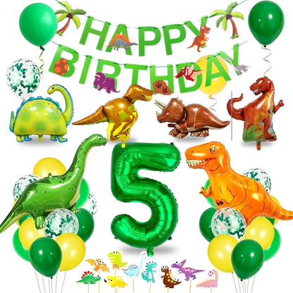 Dinosaur Birthday Party Supplies for Kids Age 2-6, Foil Balloons Set with Banner, Cake Topper, Decorations Kit (Boys & Girls) Good Vibrations