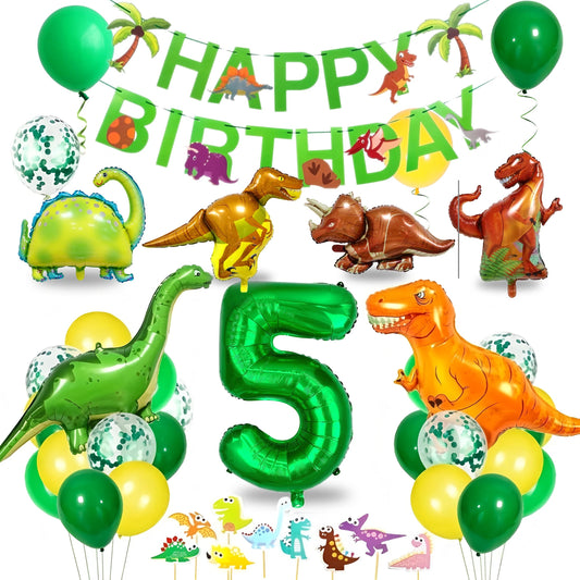 Dinosaur Birthday Party Supplies for Kids Age 2-6, Foil Balloons Set with Banner, Cake Topper, Decorations Kit (Boys & Girls) Good Vibrations