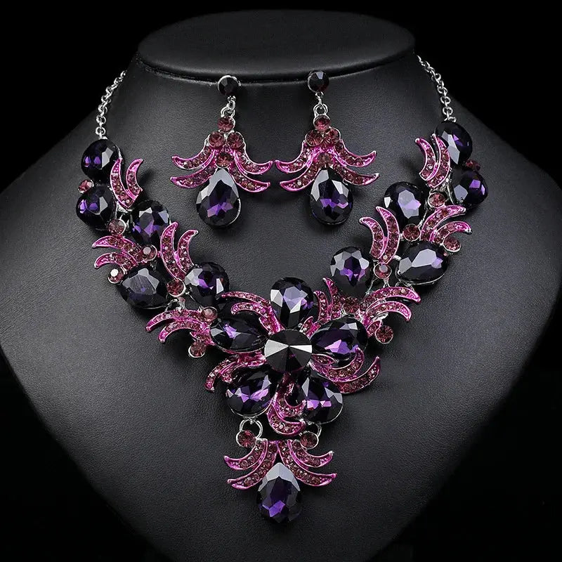 Purple Jewelry Set Wholesale Wedding Accessories Luxury Crystal Rhinestone Flower Statement Earrings and Necklace for Women Good Vibrations