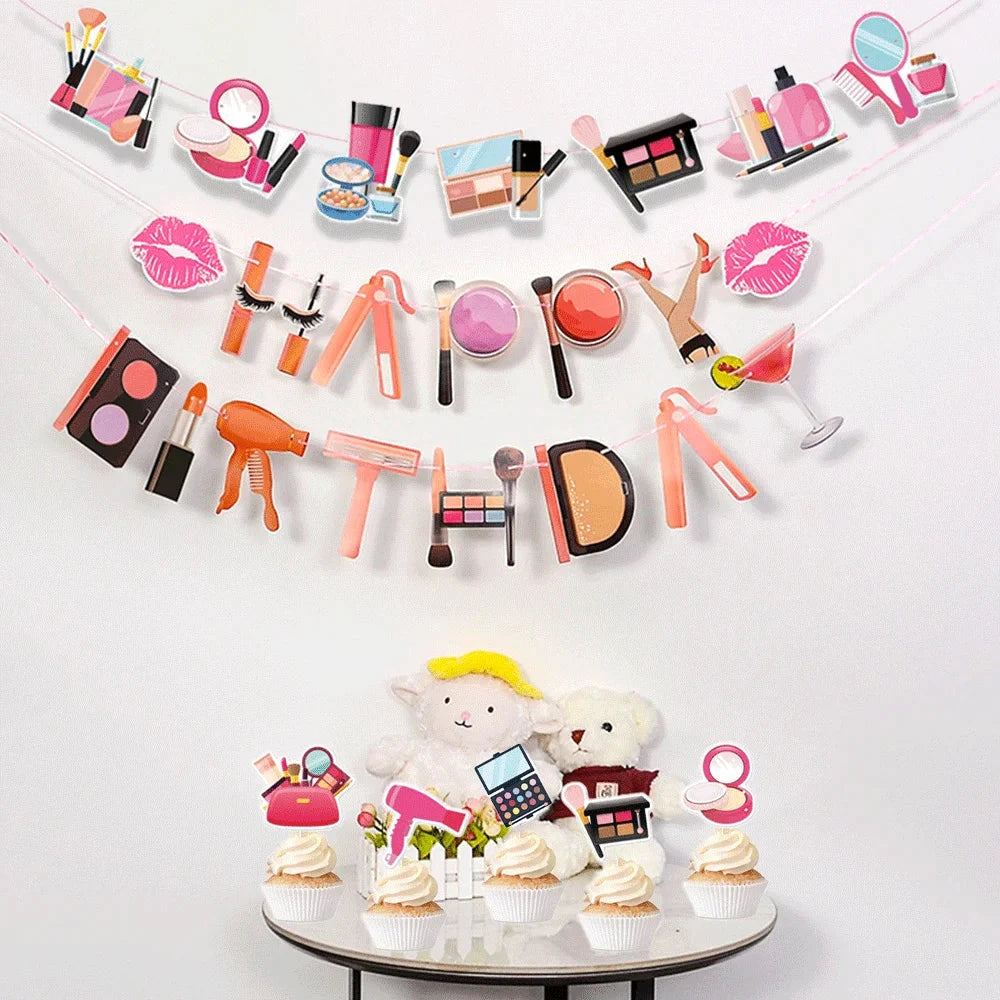 Spa Makeup Party Decorations Happy Birthday Banner Balloons Cake Topper for Girls Women Makeup Birthday Spa Party Decor Supplies Good Vibrations