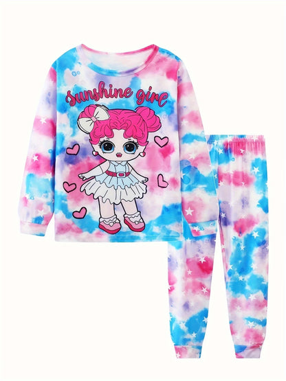 2pcs Girls Casual Cartoon Unicorn Print Crew Neck Pink Cotton Pajama Sets Good Vibrations