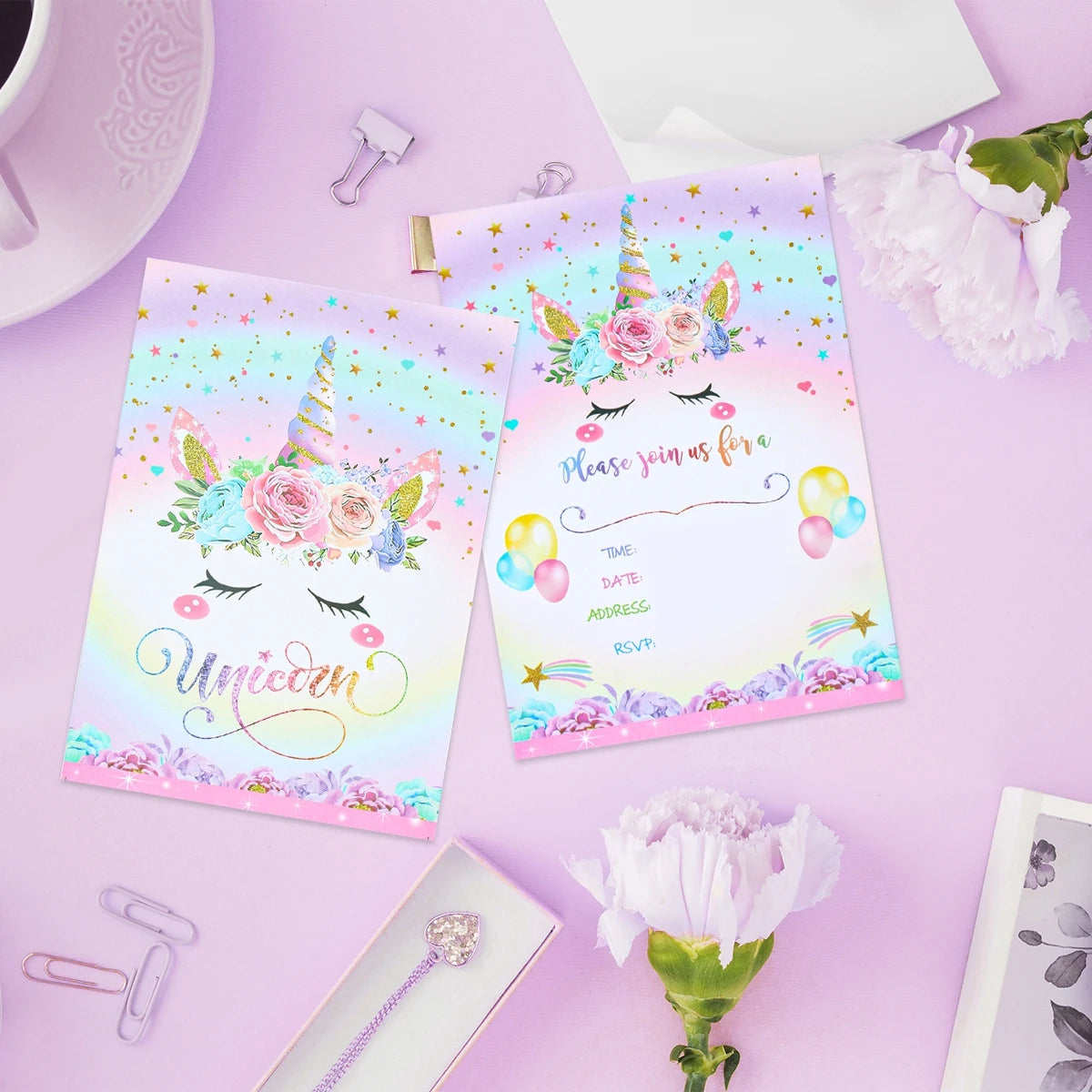 12pcs Invitation Card Unicorn Rainbow Balloon Envelope Card Girl Unicorn Theme Party Invitation Happy Birthday Party Decoration Good Vibrations