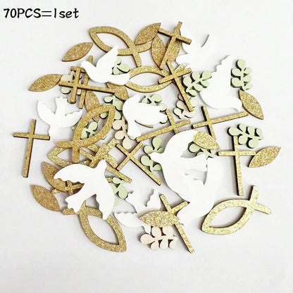 Religious Party Decor Set First Communion Baptism Hanging Swirls & Wooden Confetti Cross Dove Star for Christian Party Supplies Good Vibrations