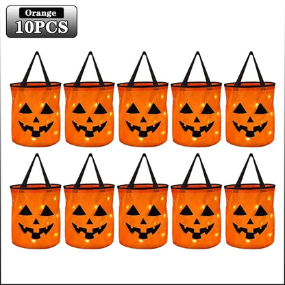 1-20PC LEDLight Up Halloween Pumpkin Candy Tote Bag Basket for Kids Trick or Treat Party Bucket for Holiday Event Decoration Use Good Vibrations