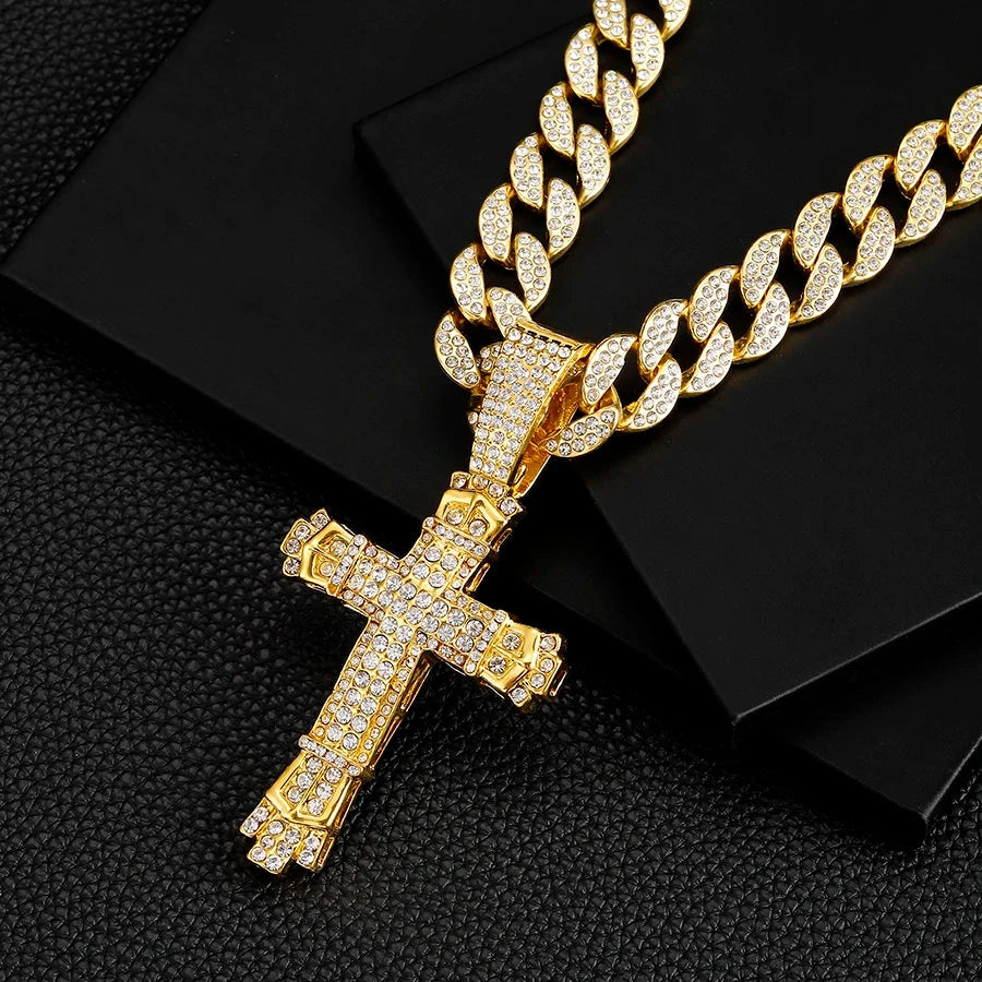 Cross Cross Pendant Necklace For Men Hip Hop Cuban Chain Bling Jewelry With Crystal Miami Cuban Chain fashion jewelry Good Vibrations