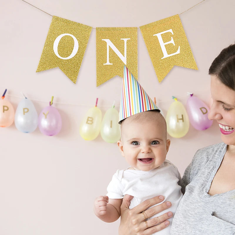 Baby First Birthday Chair Banner Burlap ONE Garland Boy Girl One Year Old Birthday Party Decoration Favors Photo Props Supplies Good Vibrations