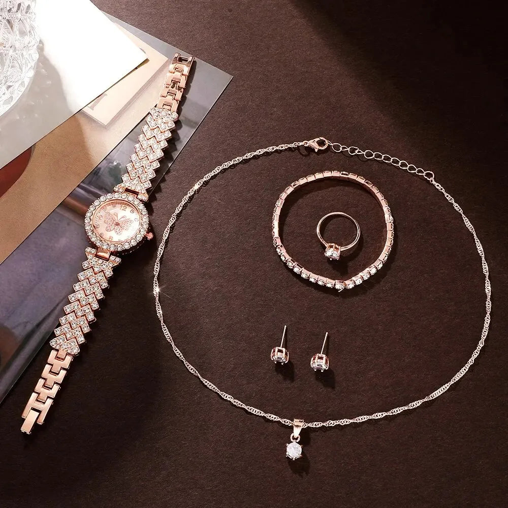 6 Piece Jewelry Set Rose Gold Luxury Watches Women Rings Necklace Earrings Rhinestone Fashion Watches Casual Women Watches Good Vibrations Adult Super Store