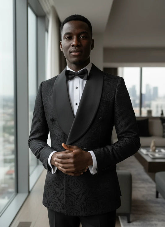 black luxury 2-piece set men suit party shawl collar double breasted business casual suit groom's wedding dress Jacquard pattern Good Vibrations
