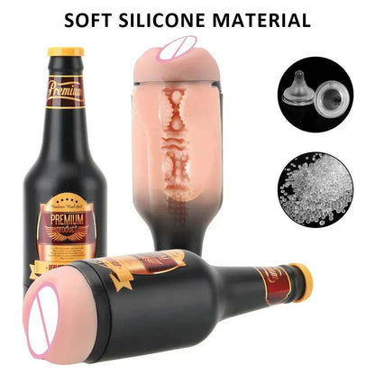 Beer bottle-shaped male masturbator with soft silicone material, realistic vaginal texture, discreet design.