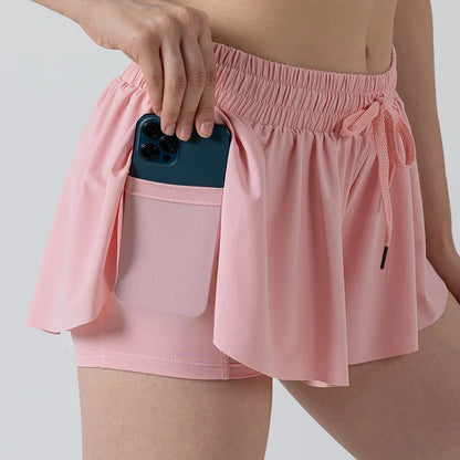 2 in 1 Flowy Sports Shorts Women Running Short Butterfly Tennis Skirt with Pockets Gym Yoga Athletic Biker Spandex Skirts Summer Good Vibrations