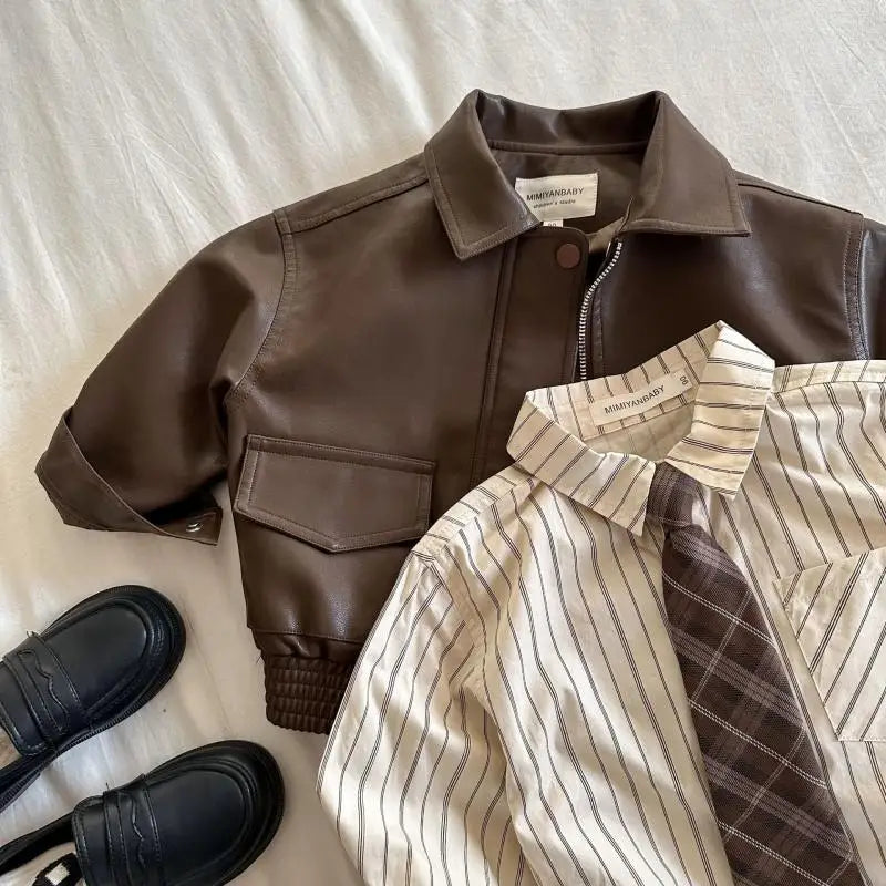 2-10Y Baby Boys Girls Zipper Jackets Brown PU Leather Lapel Collar Coats Korean Style Autumn Single Breasted Toddler Cardigans Good Vibrations