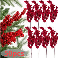 Christmas Red Berries Branch  Artificial Holly Berry Stamen Wreath DIY Foam Fake Flower Ornaments for Xmas Tree Party Home Decor Good Vibrations