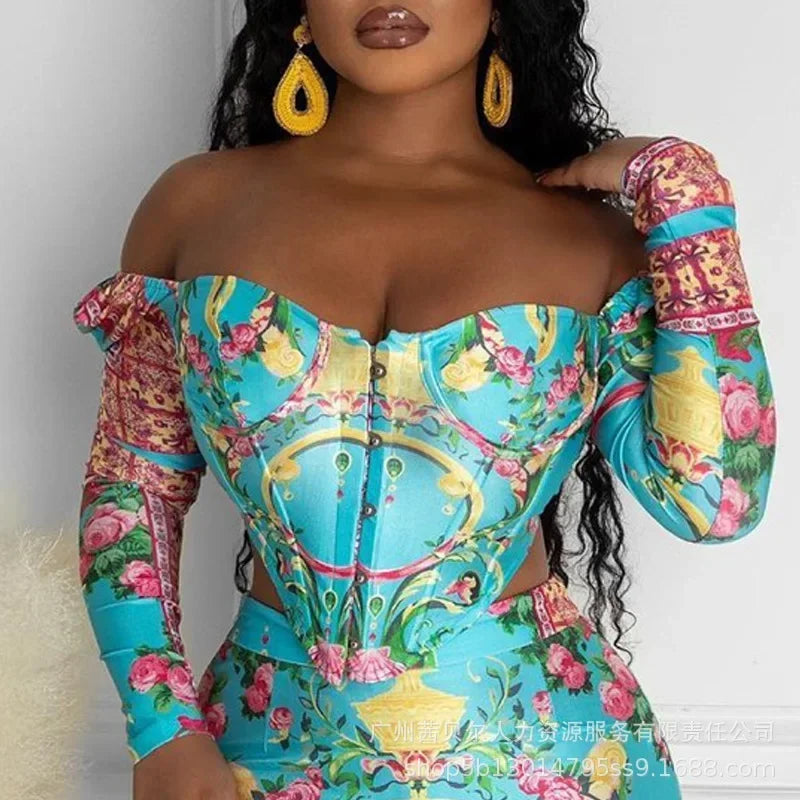 New Womens Dress Sets New Blue Floral Print Top Skirt Set Two Piece Sets Womens Outifits Good Vibrations