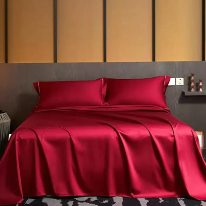 Summer Luxury Satin Silk-like Bed Sheet Set (Flat Sheet + Fitted Sheet + Pillowcase) Solid Color Mattress Cover Twin Full Queen Good Vibrations