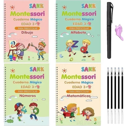 4 Books Montessori SANK English Magic Copybook Reusable Writing Practice 3D Calligraphy Book Wipe-free Education Books Good Vibrations