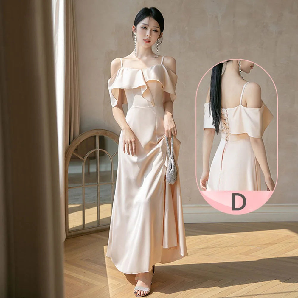 4styles Champagne Bridesmaid Dress Women's Elegant Satin Ruffles Design Off Shoulder Ankle Length Wedding Party Guest Vestido Good Vibrations