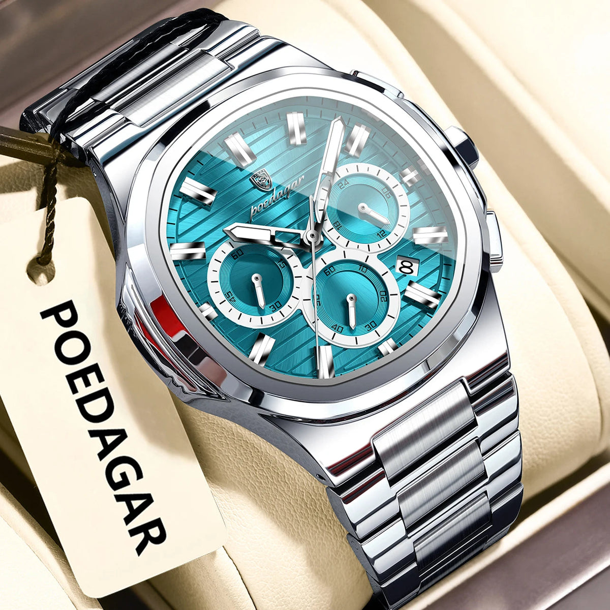 POEDAGAR Business Man Wristwatch Date Chronograph Waterproof Luminous Luxury Men Watch Stainless Steel Quartz Men's Watches Male Good Vibrations
